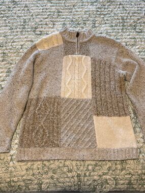 Tulchan Neutral Patchwork Cable Knit Half-Zip Sweater
